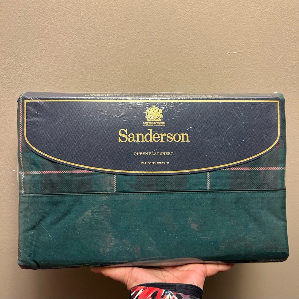 Vintage Sanderson BRAEMAR Queen Flat Sheet 200 luxury percale green plaid NEW